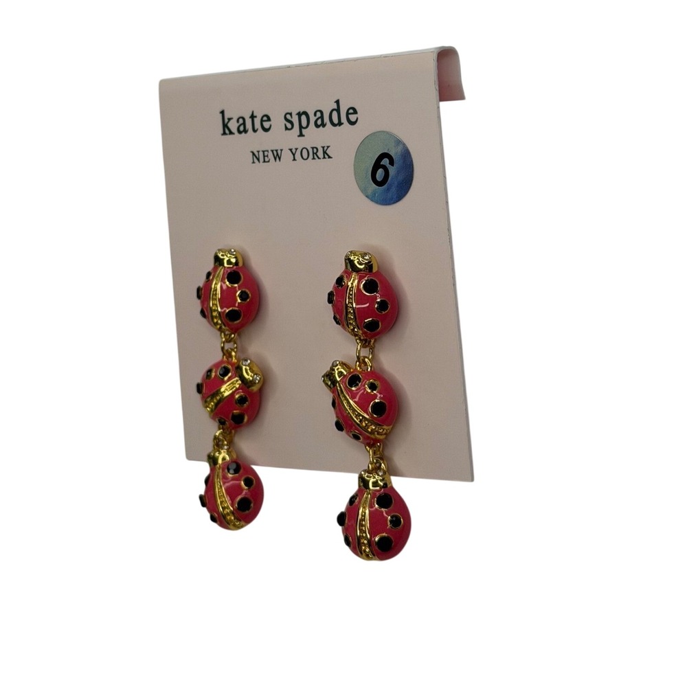 Kate‎ Spade Pink Enamel Ladybug Linear Drop Earrings Gold Tone NWT Cute Girly - Picture 3 of 5
